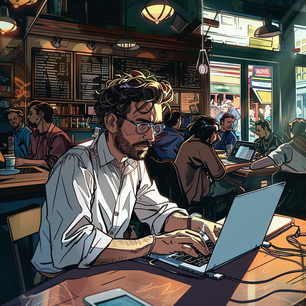 Illustration of a person working on a laptop in a busy coffee shop.