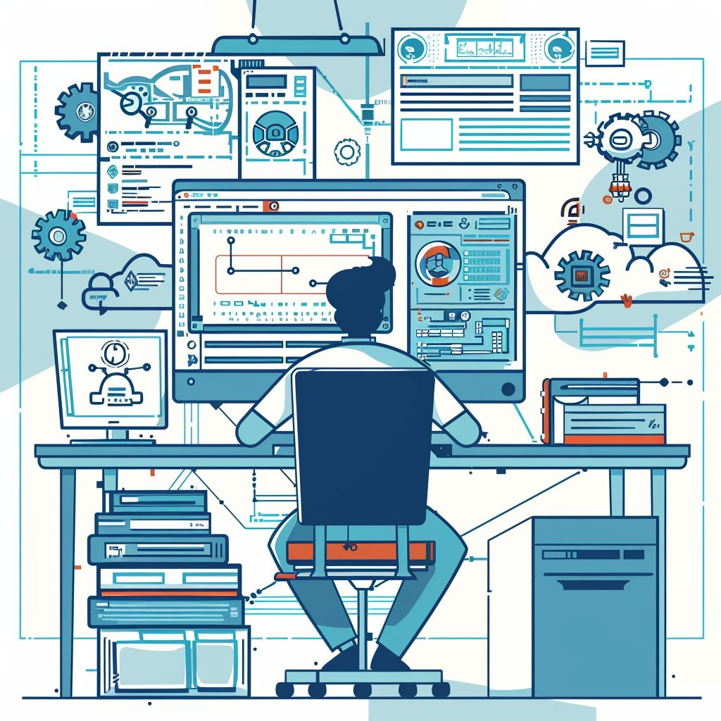 Illustration of a person working on multiple screens with software development tools and diagrams.