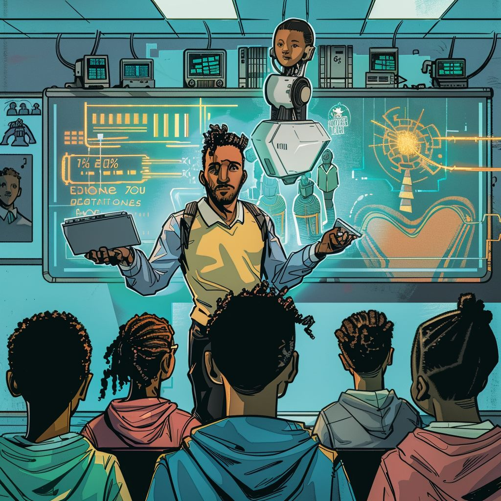 Illustration of a teacher using AI tools in a classroom setting with students attentively listening.